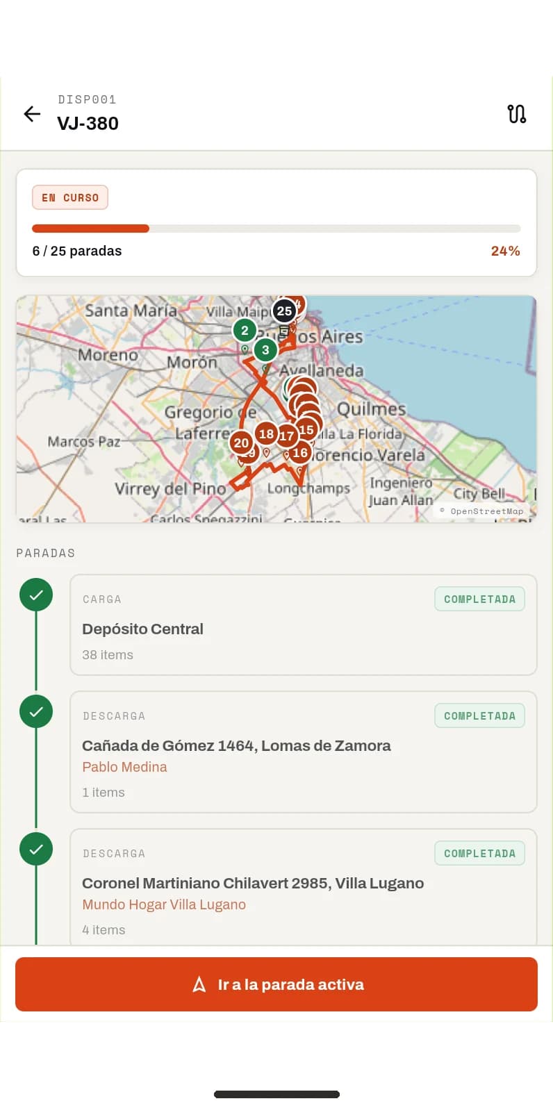 App del chofer: su viaje y su ruta