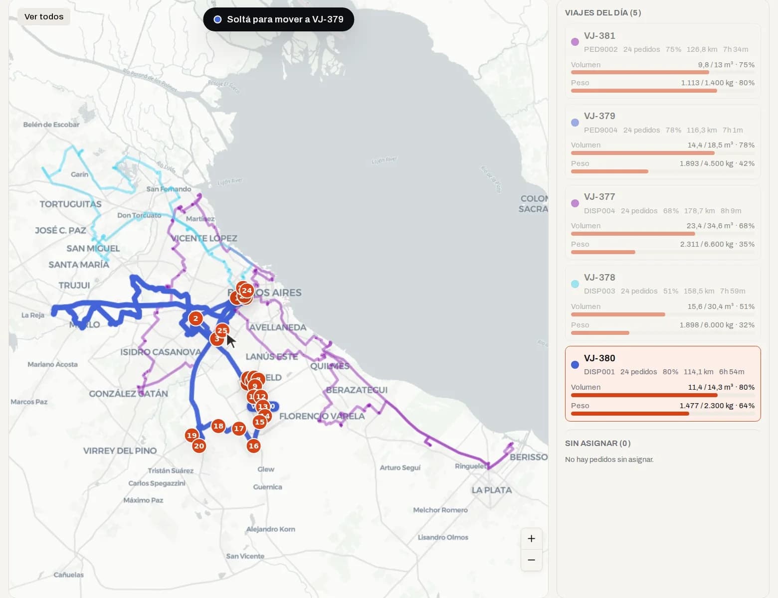 Mapa completo con los viajes del día: una parada se arrastra a otro viaje