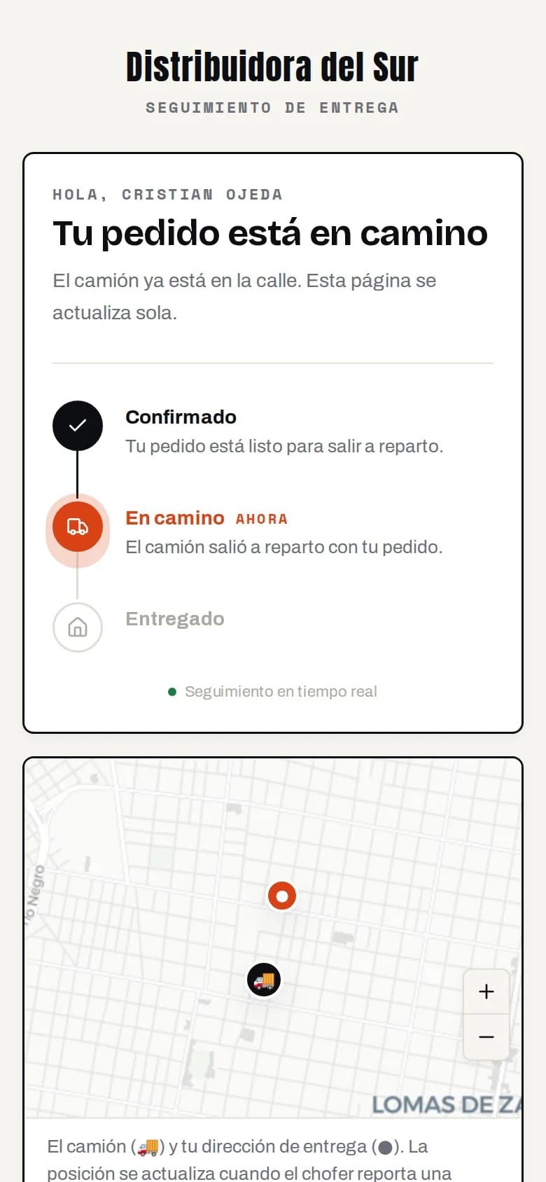 Portal de seguimiento: el pedido está en camino y el camión se ve en el mapa